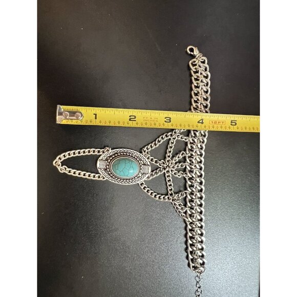 Vintage & Rare Silver Chain Bracelet and Finger Chain with Large Turquoise Stone - Picture 7 of 8